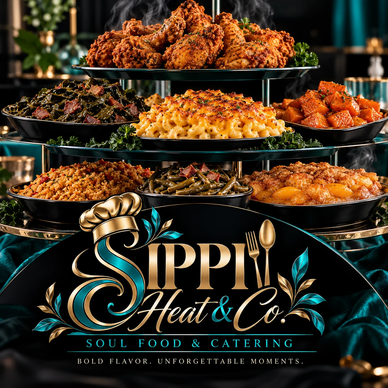 Sippi Heat & Co. Soul Food & Catering artwork featuring a tiered food display and official teal and gold branding